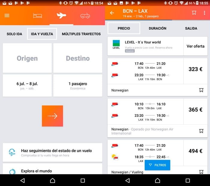 kayak vuelos baratos android